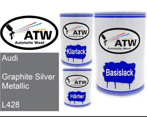 Audi, Graphite Silver Metallic, L428: 500ml Lackdose + 500ml Klarlack + 250ml Härter - Set, von ATW Autoteile West.